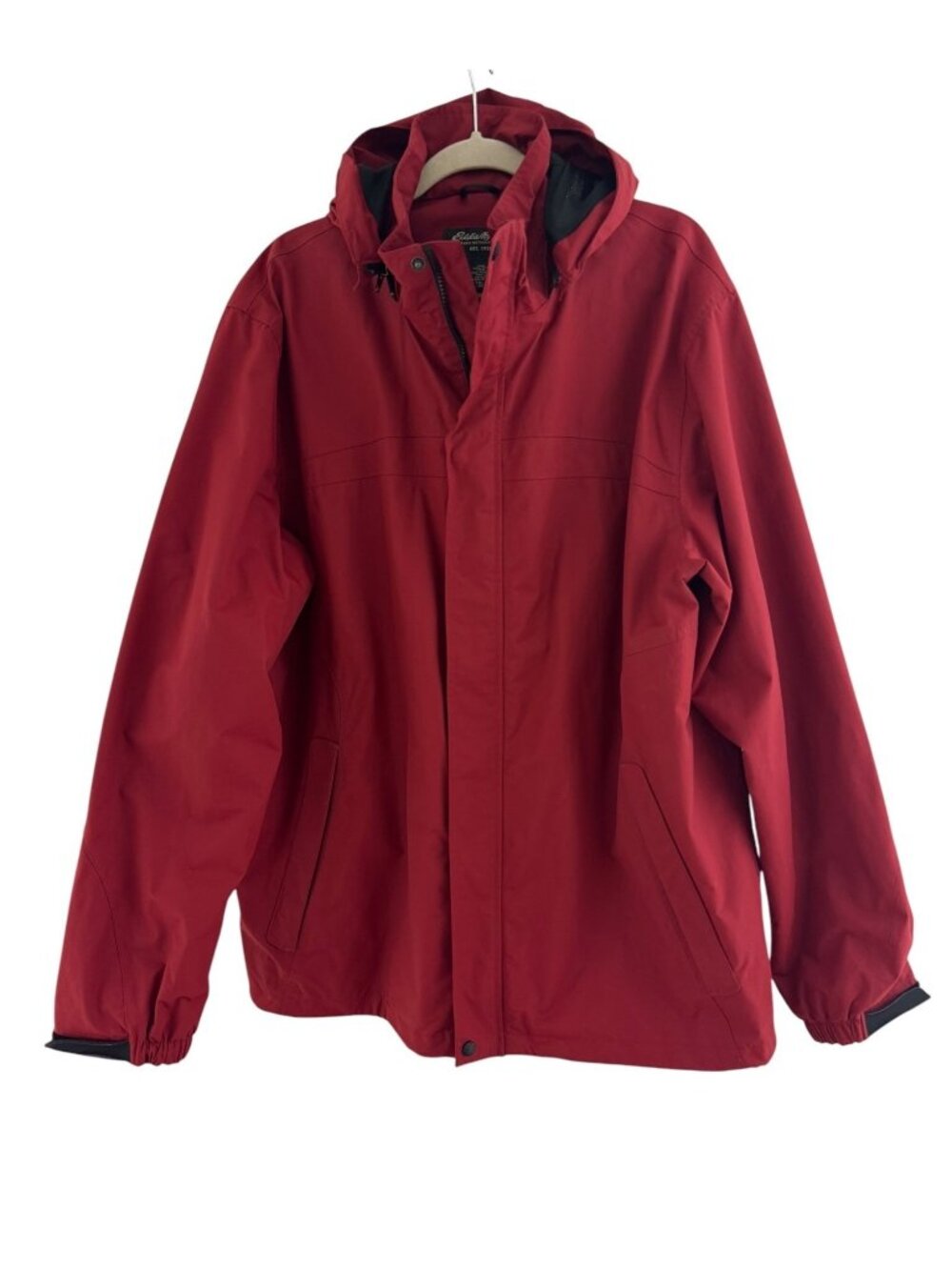 Eddie Bauer Mens Hooded Red Rust Waterproof Rain Jacket Zip Pockets Size XL Tall